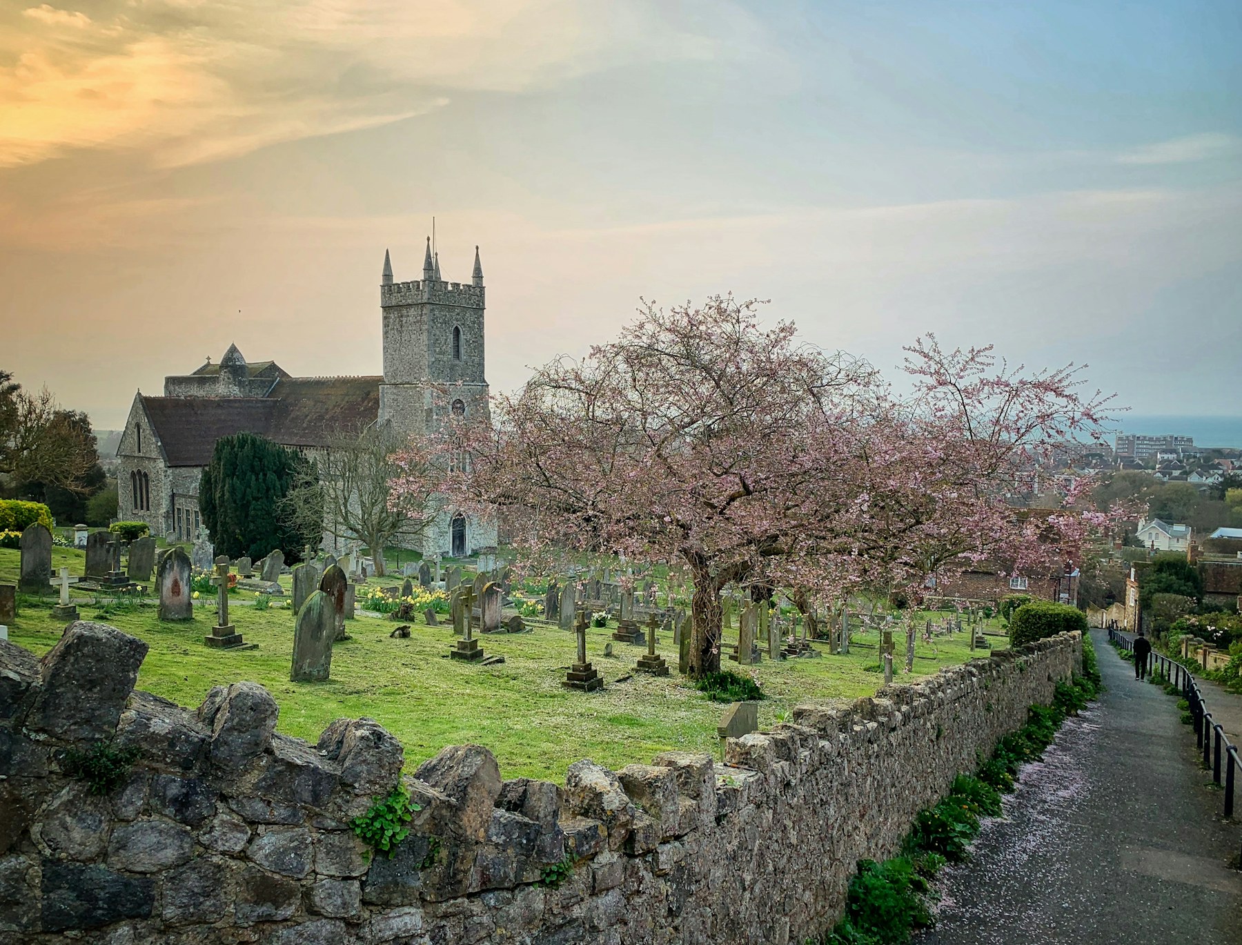 Hythe church and its churchyard in morning light